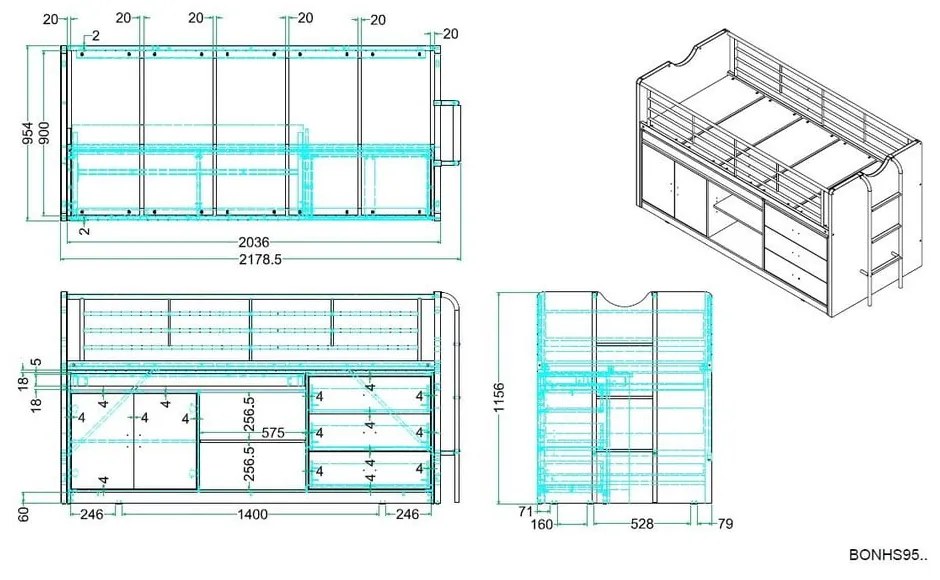 Białe/niebieskie podwyższone łóżko dziecięce ze schowkiem ze stelażem 90x200 cm Bonny – Vipack