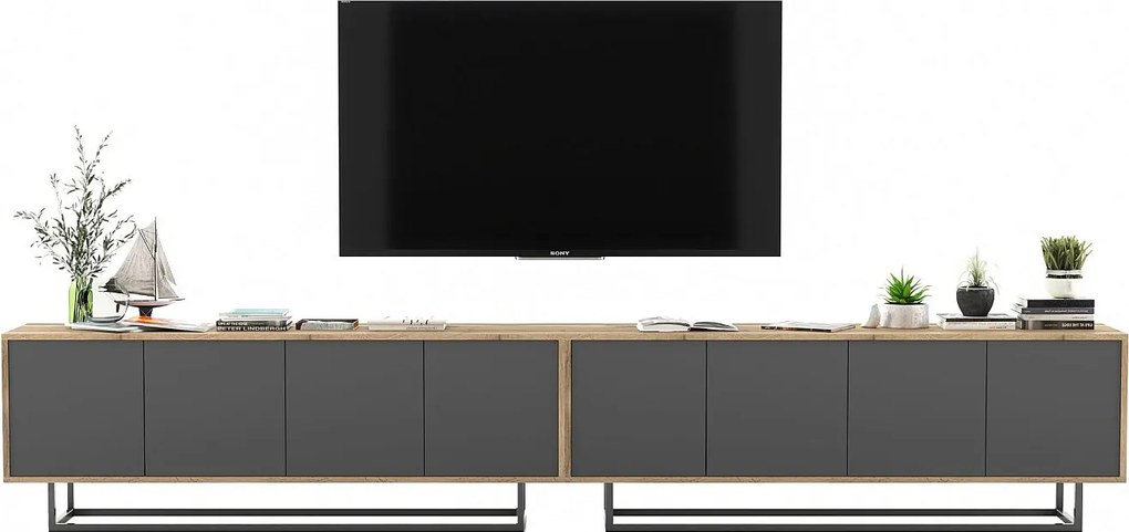 Szafka RTV z 8 drzwiami – korpus dąb wotan, fronty grafit mat – 300 cm, metalowy stelaż
