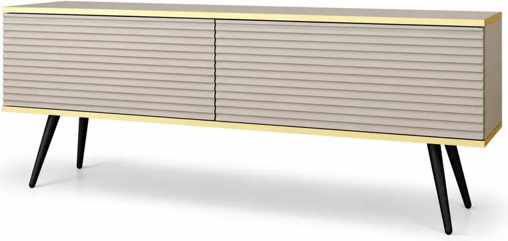 Nowoczesna szafka RTV Melvo z ryflowanymi frontami na wysokich nóżkach 135 cm z push to open i pojemnym wnętrzem
