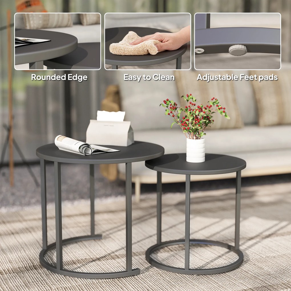 Outsunny 2-osobowy zestaw stolików bocznych, stolik ogrodowy okrągły, odporny na warunki pogodowe, stolik balkonowy ze stali, oszczędzający miejsce Ciemnoszary