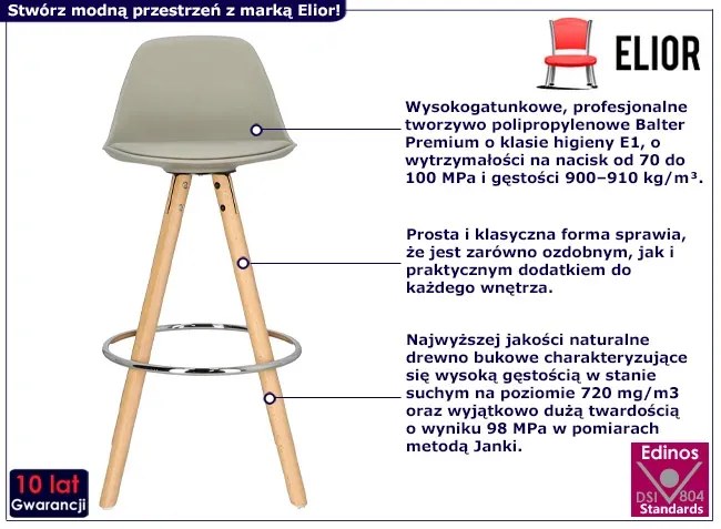 Drewniany hoker z profilowanym szarym siedziskiem - Emiko