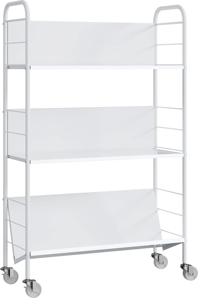 HOMCOM Regał na książki Regał do przechowywania z 3 półkami, na kółkach, regał na zabawki do sypialni, 69 x 26 x 108 cm, biały