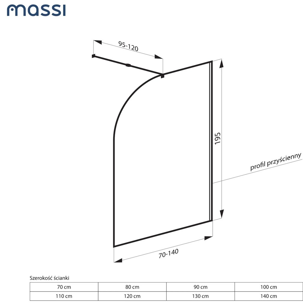 Ścianka prysznicowa WALK IN FIX grafitowa półokrągła 8 mm MOLIS Grafit Moon MASSI | różne rozmiary : Kolor profili kabiny - złoty, Szerokość ścianki - 70 cm