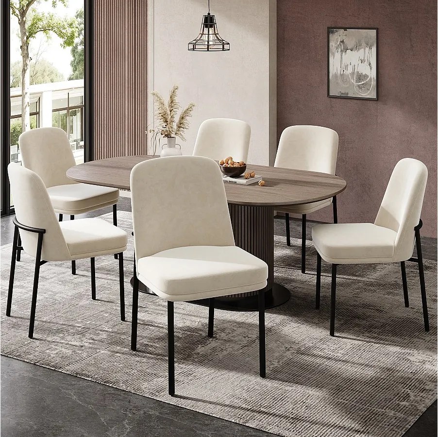 Zestaw 6 welurowych krzeseł do jadalni w kolorze beżowym z czarną metalową ramą