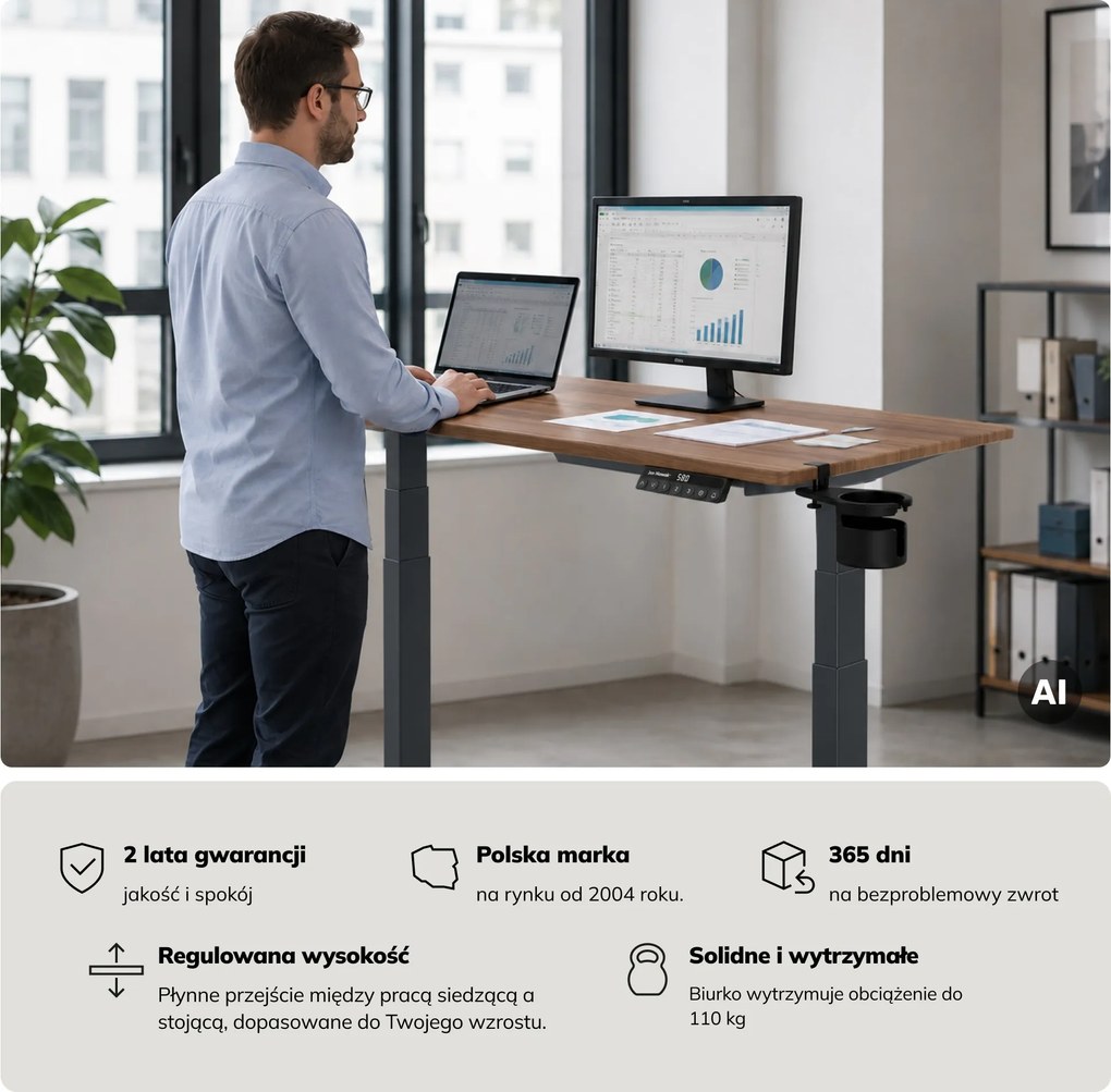 Biurko elektryczne z regulacją wysokości ergonomiczne antracytowe/orzech,1200x600 mm: ARIA