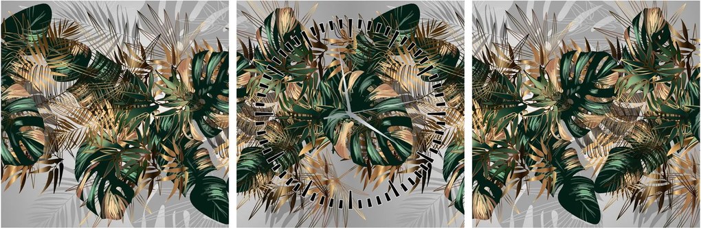 Obraz - Złoto - zielone tropikalne liście (z zegarem) (90x30 cm)