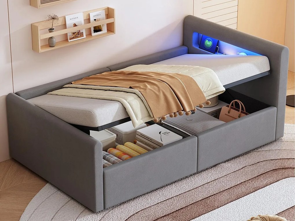 Łóżko z pojemnikiem 90×200 cm - z oświetleniem LED - z portem USB do ładowania - z półkami - aksamit - szare (materac nie jest dołączony)