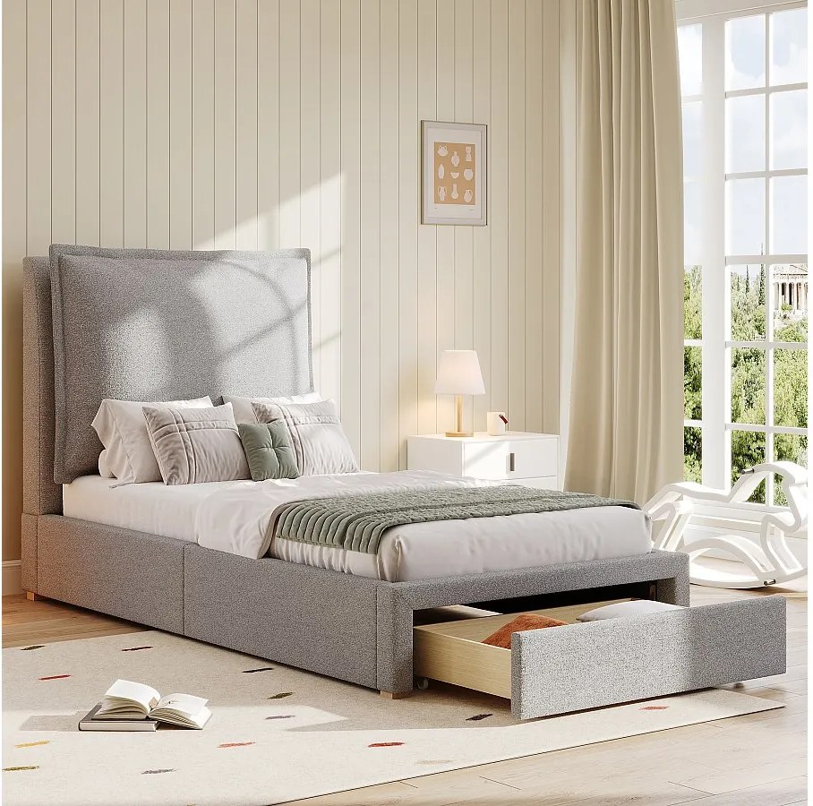 Łóżko dziecięce 90 x 200 cm - Łóżko pojedyncze z 1 dużą szufladą - szara szenila