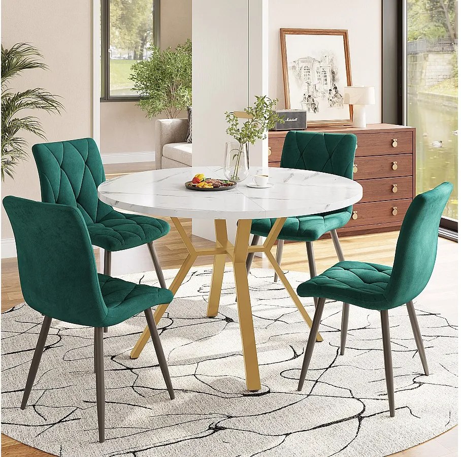 Zestaw 5 stołów i krzeseł do jadalni - 100 x 100 x 75 cm - okrągły stół + 4 krzesła welurowe - MDF + stal - zielony + biały