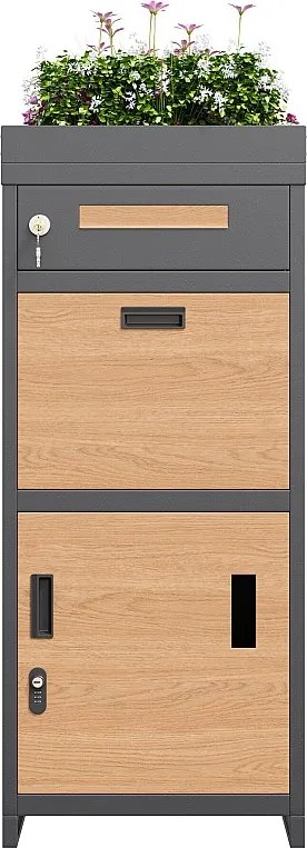Szafka na paczki i listy z zamkiem szyfrowym + kwietnik - 50 x 37 x 118,5 cm - metalowa - szara + naturalna