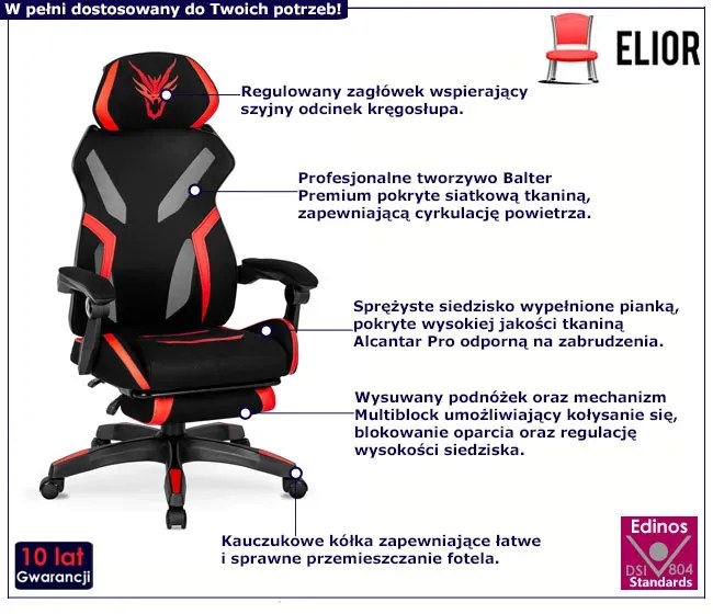 Czarno-czerwony fotel gamingowy z podnóżkiem - Talbin