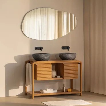 Zestaw Mebli Łazienkowych Z Drewna Tekowego Bradley Nieregularna Dioda Led I Funkcja Przeciwmgielna 140 X 75 Cm Riben & ↔︎ 120 Cm & 2 X - Sklum