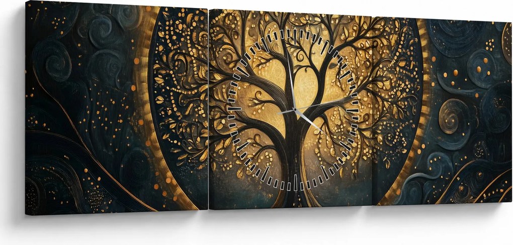 Obraz – Drzewo ze złotą aurą (z zegarem) (90x30 cm)
