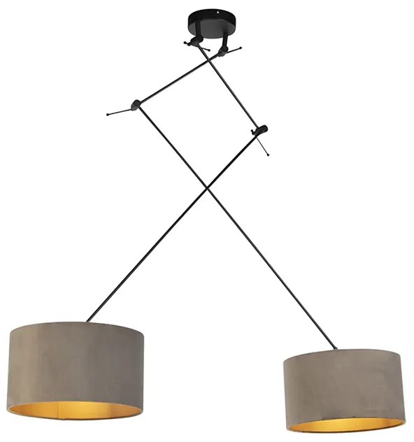 Lampa wisząca czarna z abażurami z weluru w kolorze taupe ze złotem 35 cm 2-światłowa - BlitzWiejski/ Rustykalny / Vintage Oswietlenie wewnetrzne