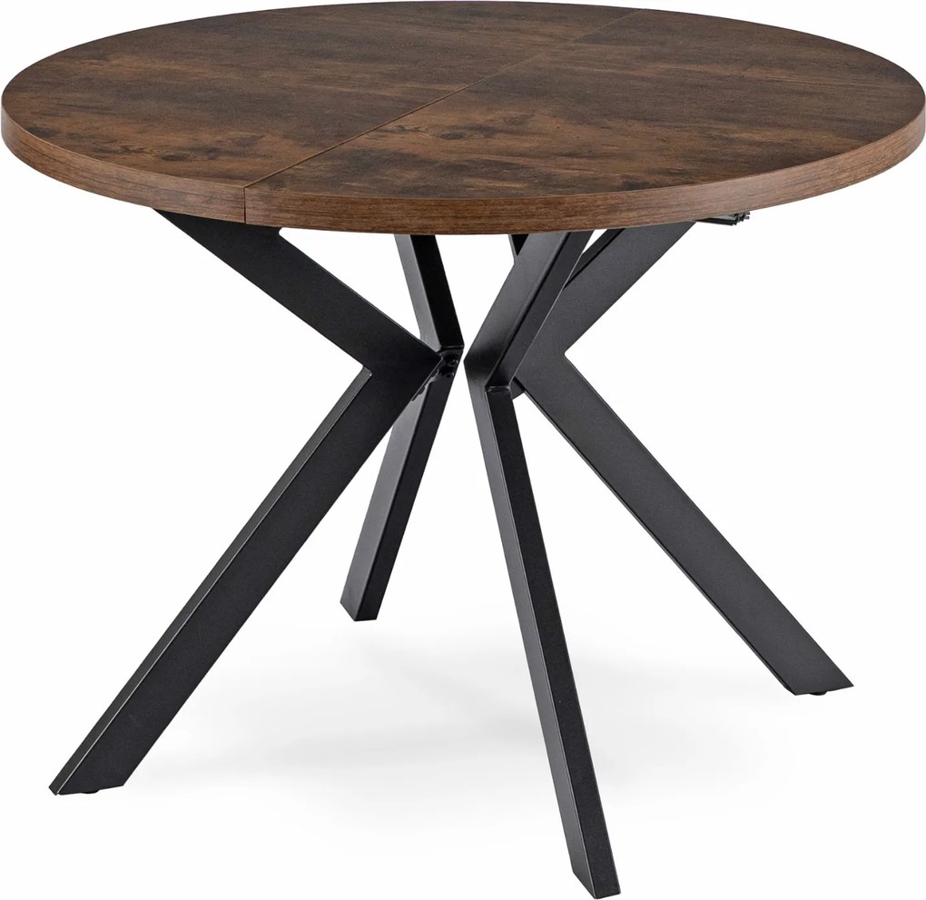 Zestaw Stół Okrągły Rozkładany LUKAS 100-250 cm Dąb Rustykalny/Czarny i 4 Krzesła Tapicerowane RICK Szare Welurowe Nowoczesne