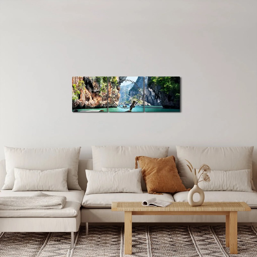 Obraz długiej łodzi na plaży (z zegarem) (90x30 cm)