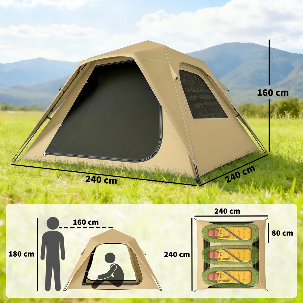 Outsunny Ekspresowy namiot pop-up z ochroną przed deszczem, wodoodporny namiot kopułowy dla 3-4 osób z 2 drzwiami 2 oknami 240x240x160 cm khaki | Aosom PL