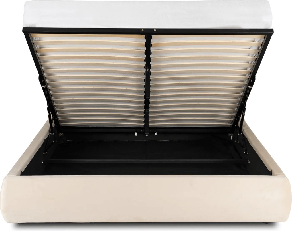 Łóżko Tapicerowane 160x200 cm HAGA ze Stelażem i Pojemnikiem Dwuosobowe Welurowe Kremowe