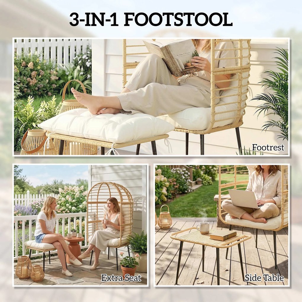 Outsunny Fotel ogrodowy z podnóżkiem, PE-rattan, w kształcie jajka, fotel koszowy z grubymi poduszkami, metalowa rama, beżowy | Aosom PL