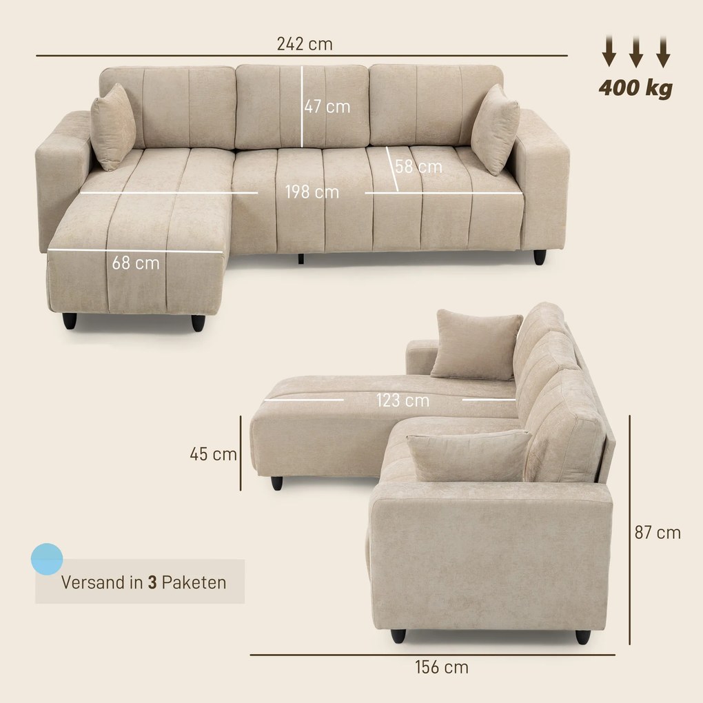 HOMCOM Narożnik w kształcie L z elastycznym szezlongiem, 3-osobowa sofa z 2 poduszkami, stalowy stelaż, do salonu, beżowy