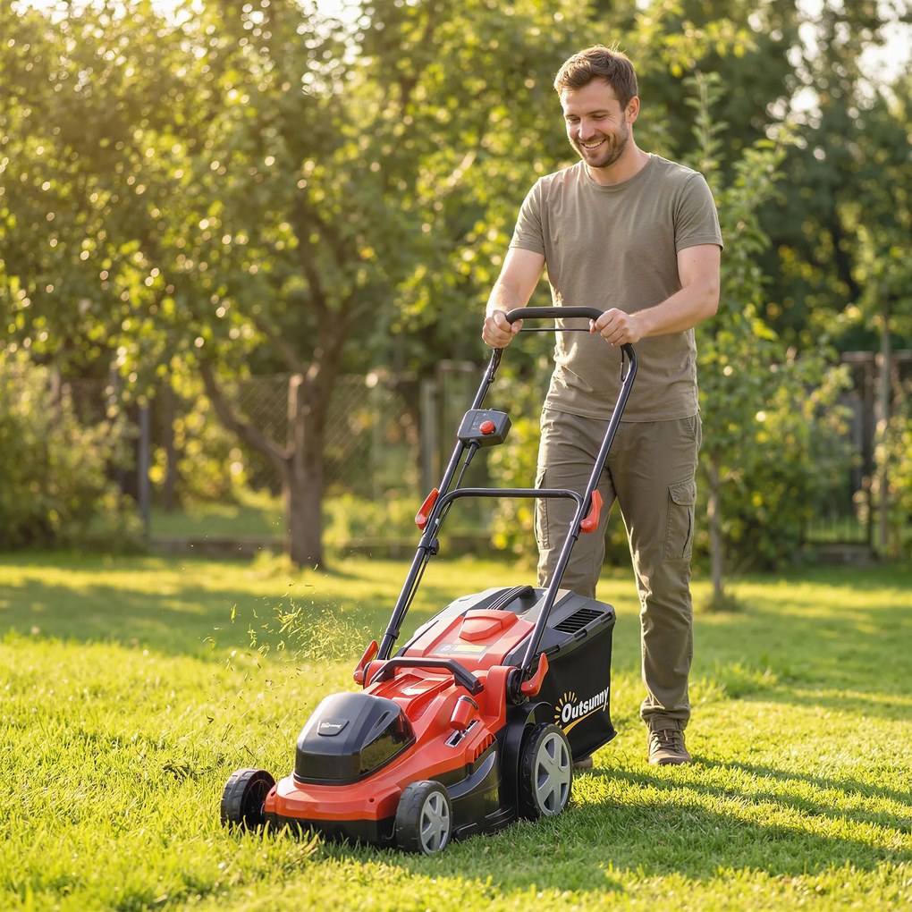Outsunny Elektryczna Kosiarka 800 W z szerokością cięcia 40 cm, pojemnik na trawę 45 l, wskaźnik akumulatora, ochrona przed przeciążeniem, 7 wysokości cięcia | Aosom PL