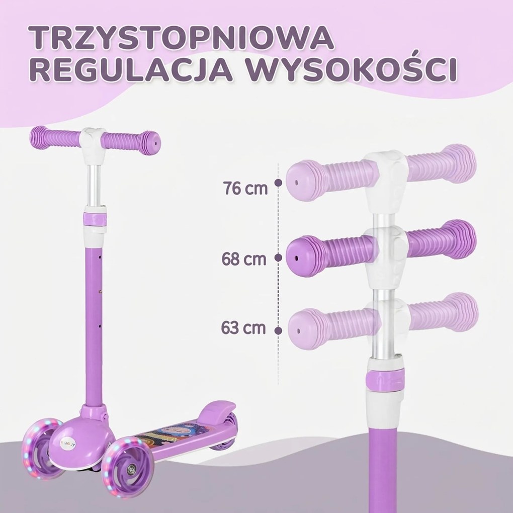 AIYAPLAY hulajnoga dziecięca, koła LED, płynna jazda, regulowana wysokość, tworzywo sztuczne, stal, fioletowy
