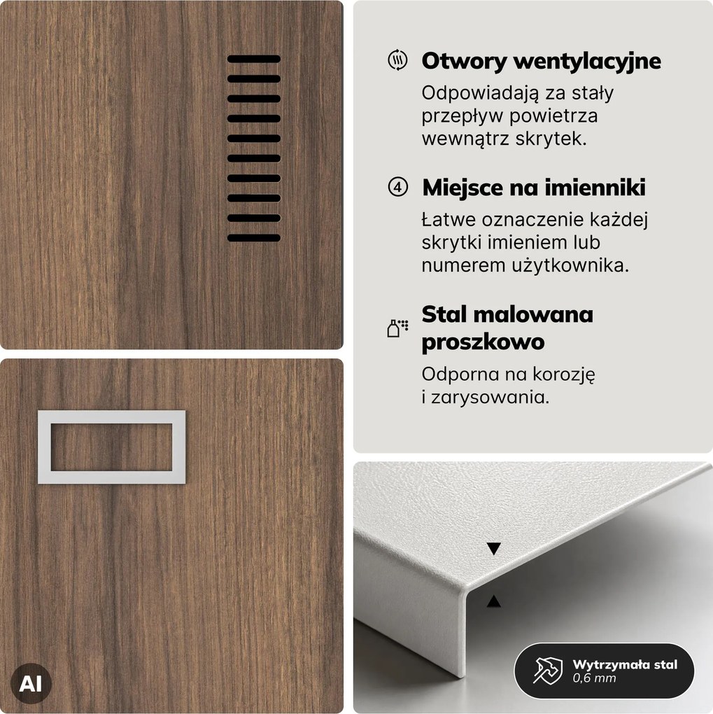 Szafka ubraniowa pracownicza czterokomorowa biała/orzech, 800x1800x500 mm: KACPER Eco Design