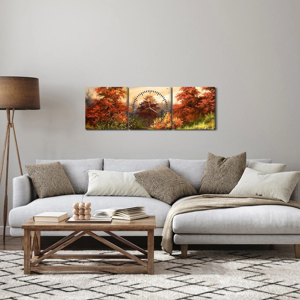 Obraz rzeki w jesiennym krajobrazie, obraz olejny (z zegarem) (90x30 cm)