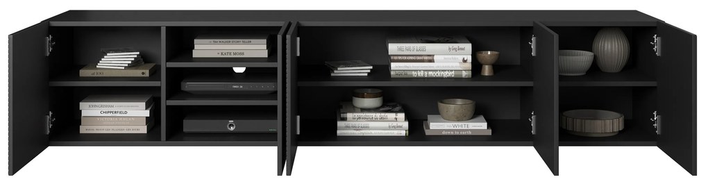 Szafka RTV wisząca Asha 200 cm z ryflowanym frontem - czarny mat