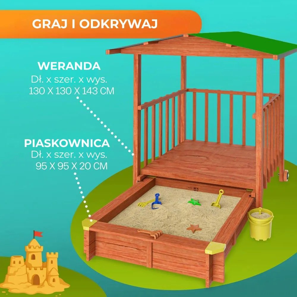 Piaskownica z werandą SUNNY, 130x130x143cm, brązowa/zielona Jurhan