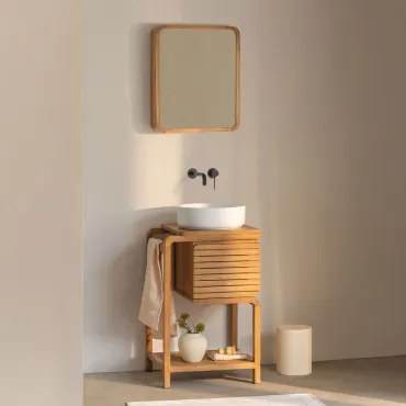 Zestaw Mebli Łazienkowych Z Drewna Tekowego Bradley Okrągły Ceramiczny Biały Ø40 Cm Lenka & Czarny Matowy Model Do Zabudowy Z Zaworem Spustowym Bez Pr