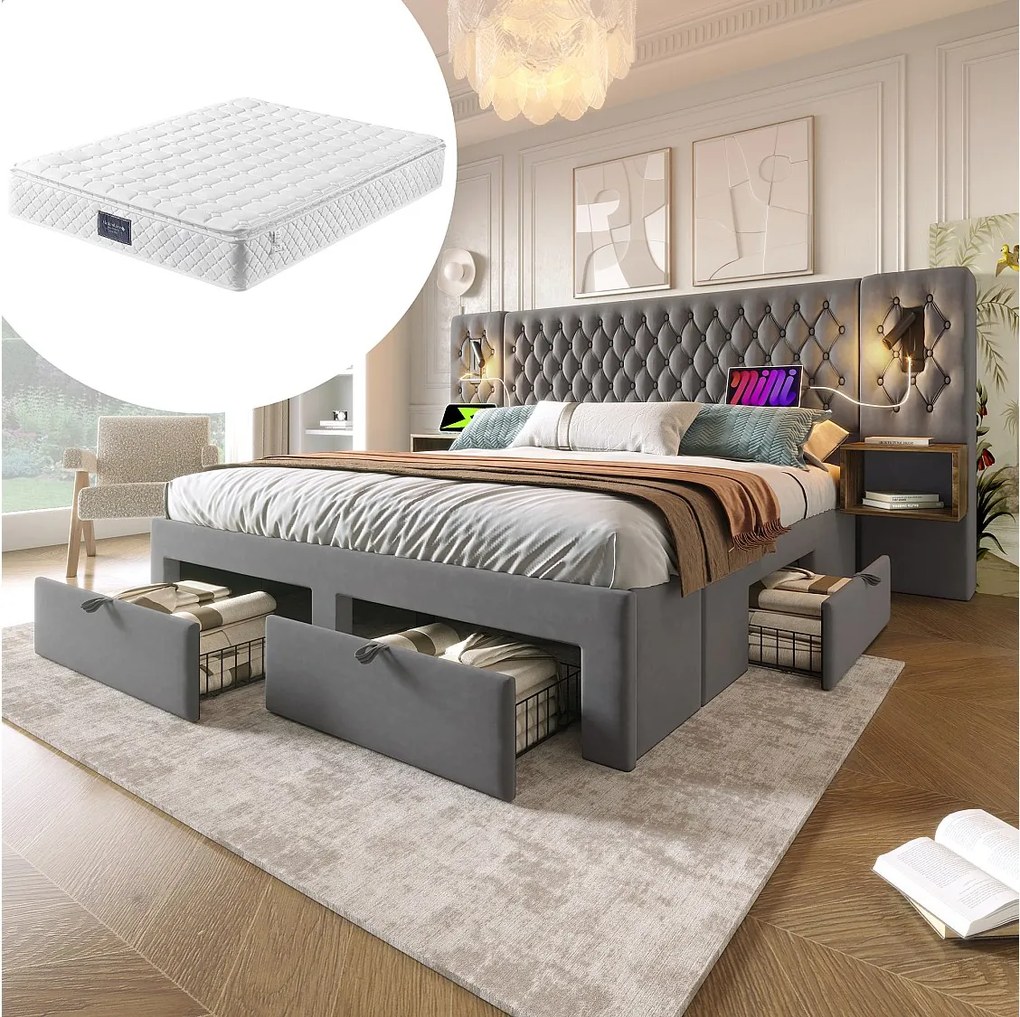 Łóżko z pojemnikiem - 160 x 200 cm - z 2 szafkami nocnymi + 4 szufladami + lampką nad wezgłowiem - aksamitne - szare (z materacem)