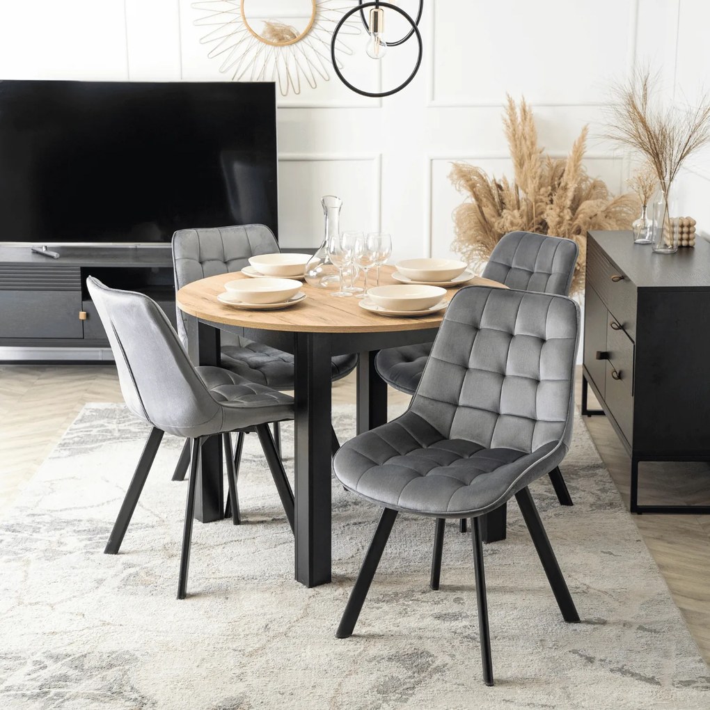 Zestaw Stół Okrągły Rozkładany HARRY 102-142 cm Dąb Craft/Czarny i 4 Krzesła Tapicerowane RICK Szare Nowoczesne