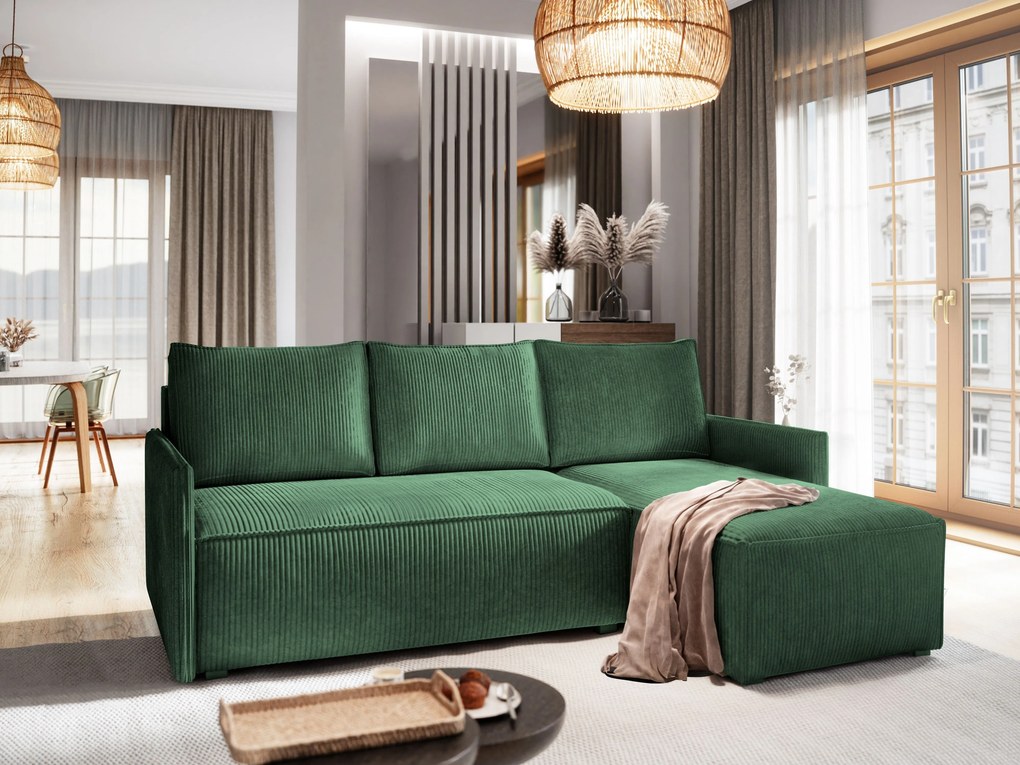 Masseno Narożnik PERUSI z funkcją spania i pojemnikiem na pościel Narozniki L, Rozkładana sofa - Butelkowa zieleń, POSO 14