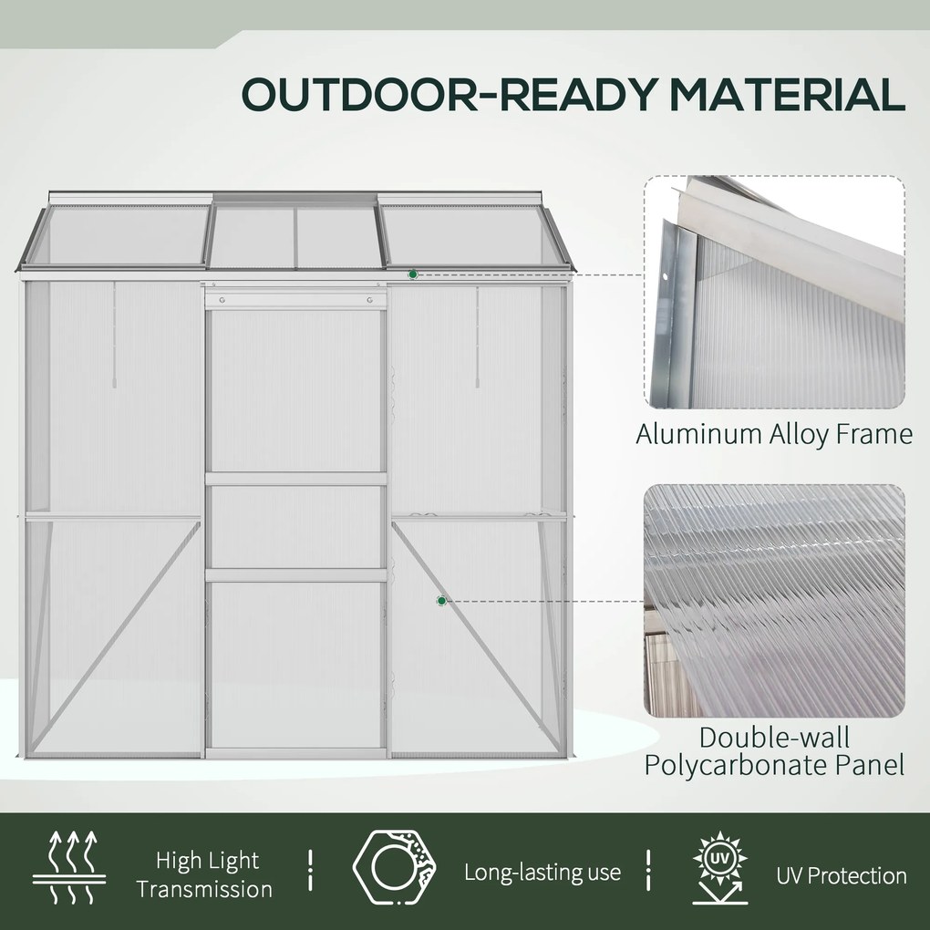 Outsunny Szklarnia przylegająca, Drzwi przesuwne, Otwierane okna dachowe, Poliwęglan+Aluminium, Kolor: Srebrny, 192 x 68 x 196 cm