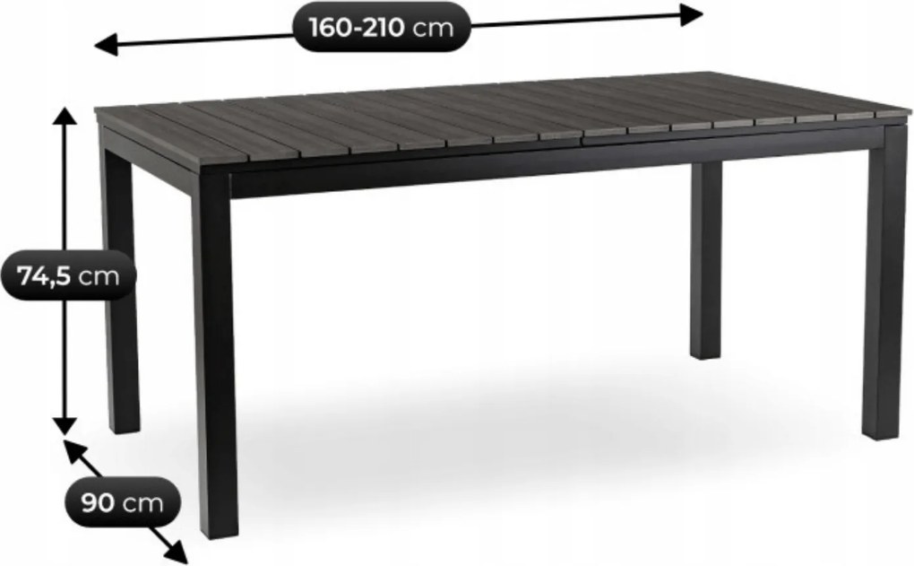 Zestaw Mebli Ogrodowych Stół ARGOS 160-210 cm Ciemnoszary Dąb/Czarny i 4x Fotel FRESNO Czarny Technorattan Nowoczesny