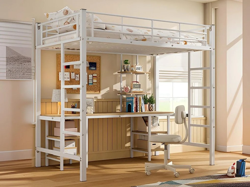 Łóżko mezzanine 90x200 cm - z biurkiem i półkami - stalowa rama - Biały