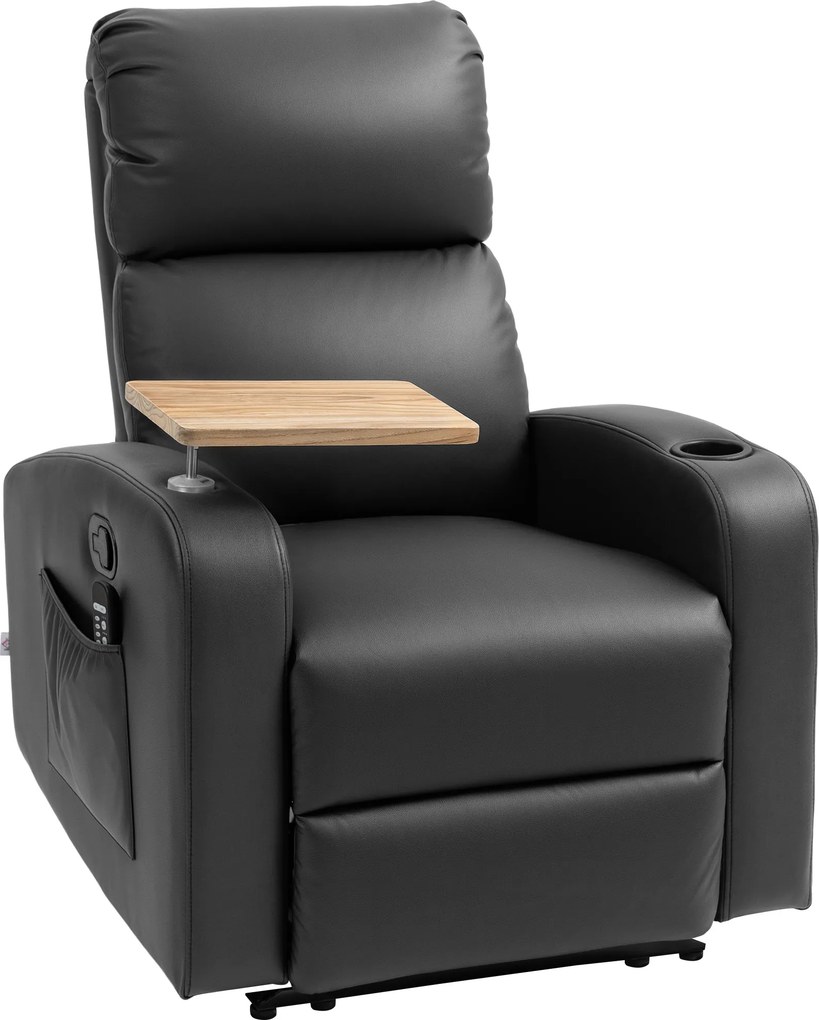 HOMCOM Fotel Masujący Relax z Funkcją Leżenia, 1 Stolik Składany, 1 Podnóżek; 77 cm x 93 cm x 105 cm, Czarny