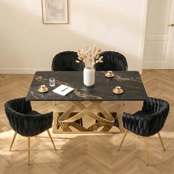 Stół Rozkładany Prostokątny IBIZA 160-240 cm Ceramiczny Czarny Marmur/Złoty do Jadalni Nowoczesny Glamour