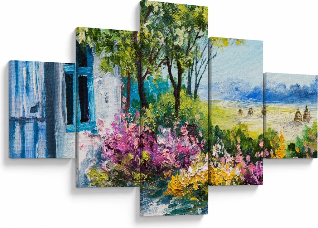 Obraz ogrodu przed domem, obraz olejny (125x70 cm)