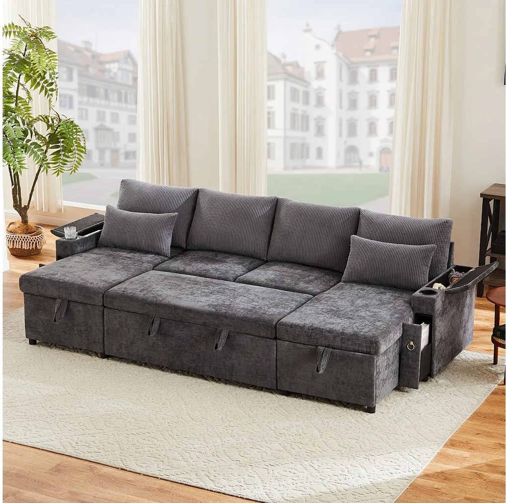 Sofa rozkładana 4-osobowa - 272 x 131 x 84 cm - z uchwytami na kubki + schowkiem + poduszkami - aksamitna - szara
