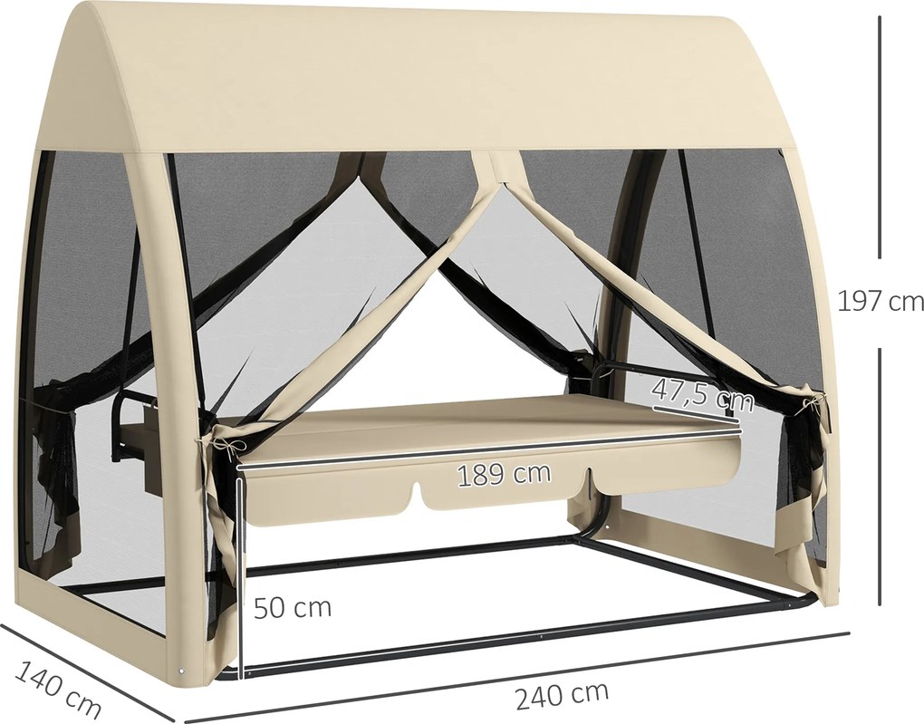 Outsunny 3-osobowa Huśtawka Tarasowa, Huśtawka Werandowa z Funkcją Leżanki, Huśtawka Ogrodowa z Siatką Moskitierą i Stalową Ramą, Kawa