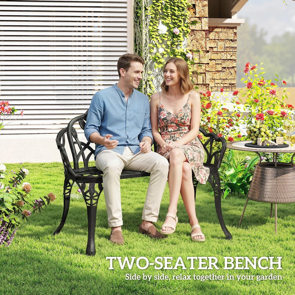 Outsunny Ławka ogrodowa 2-osobowa z odlewanego aluminium odporna na warunki atmosferyczne, z oparciem w kształcie tulipanów i motywem kwiatowym 99 x 57 x 78 cm | Aosom PL