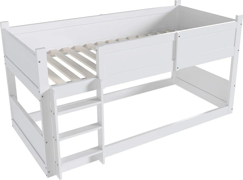 Łóżko piętrowe 3x90x200 cm z litego drewna - z 2 stelażami na listwy - Białe