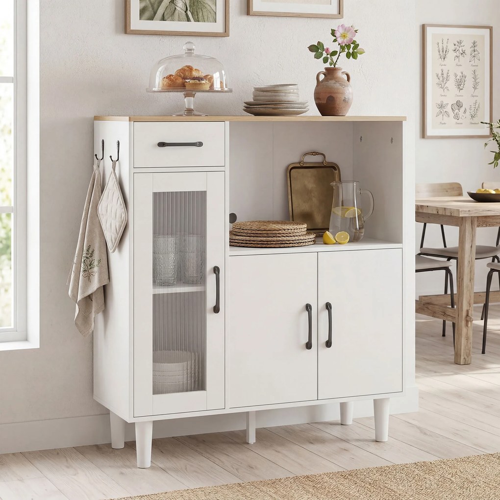 HOMCOM Kredens kuchenny z szufladą, 2 szafkami, otwartą półką, prążkowanymi drzwiami z akrylu 80 x 34 x 91 cm Biały + Dąb | Aosom PL