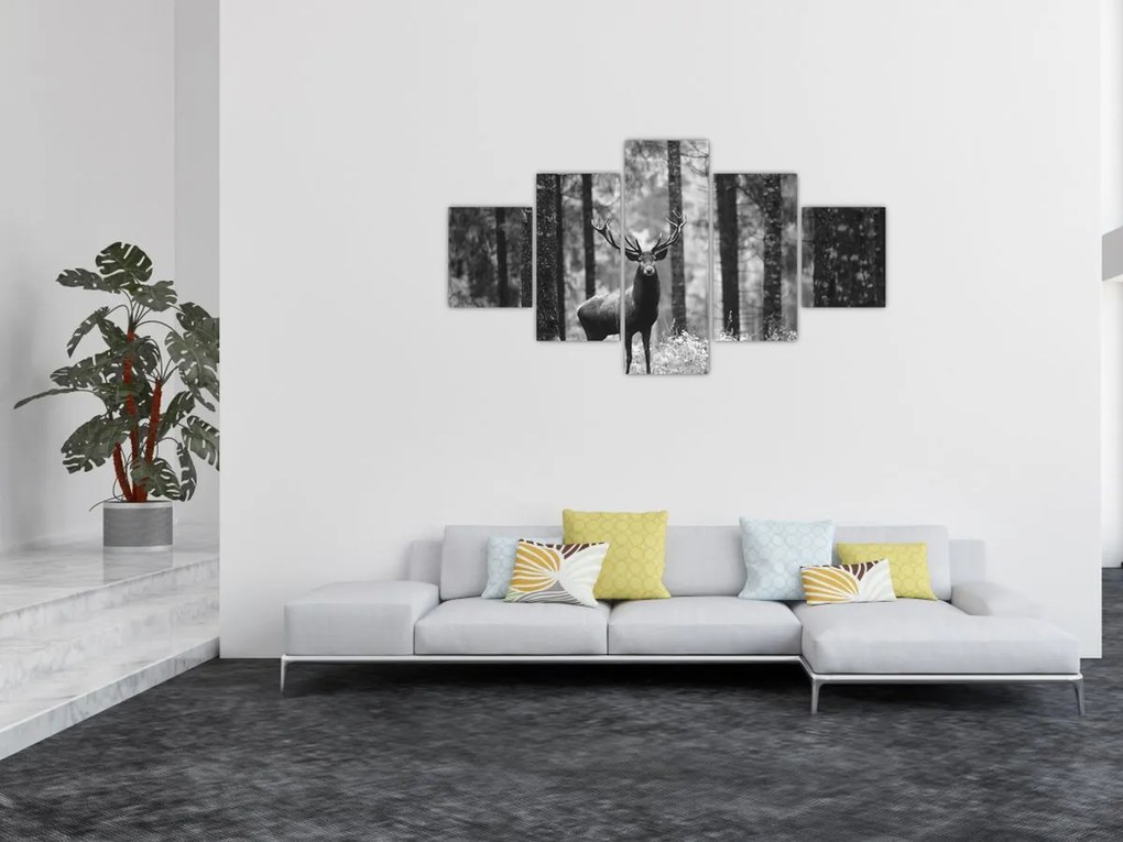 Obraz - Jeleń w lesie 2, czarno - biały (125x70 cm)