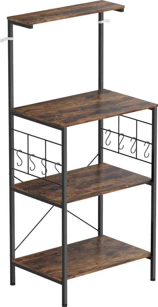 HOMCOM Regał kuchenny, 4-poziomowy design, powierzchnia robocza, 8 haczyków, metalowe rury, brązowy+czarny