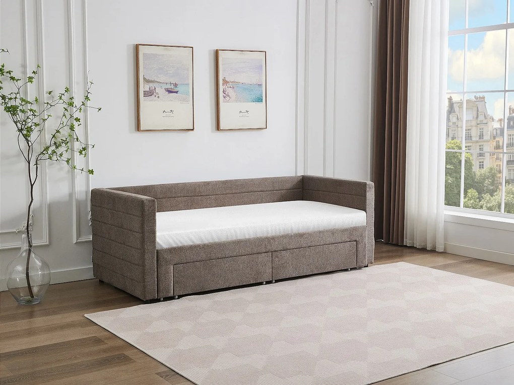 Łóżko wysuwane 2 x 80 x 200 cm - Z rozsuwanym stelażem i szufladami - Teksturowana tapicerka - Taupe - CAMITY