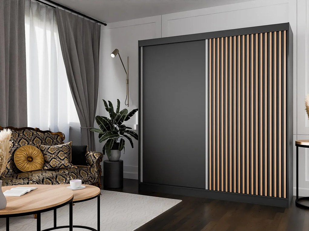 Szafa przesuwna ARTON 200 cm czarna z lamelami – nowoczesny design i funkcjonalność