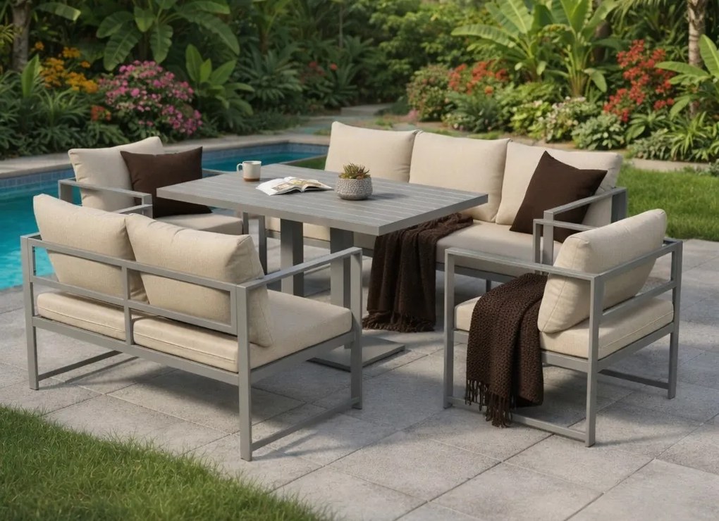 Zestaw mebli ogrodowych Bellagio NM2011-BR z sofami, fotelami i stołem, szary, poduszki beżowe